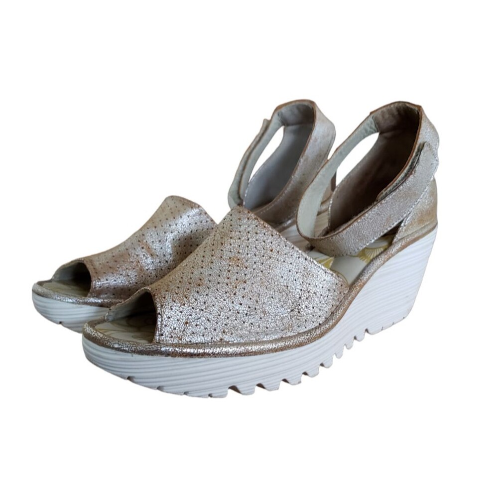 Fly London Yake Metallic Leather Wedge‎ Sandals Women's Size 7.5 EU 38